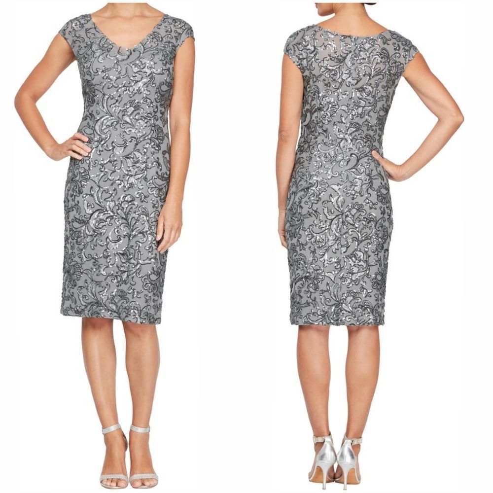 NWT Alex Evenings silver floral embroidered lace cap slv sheath formal dress 16